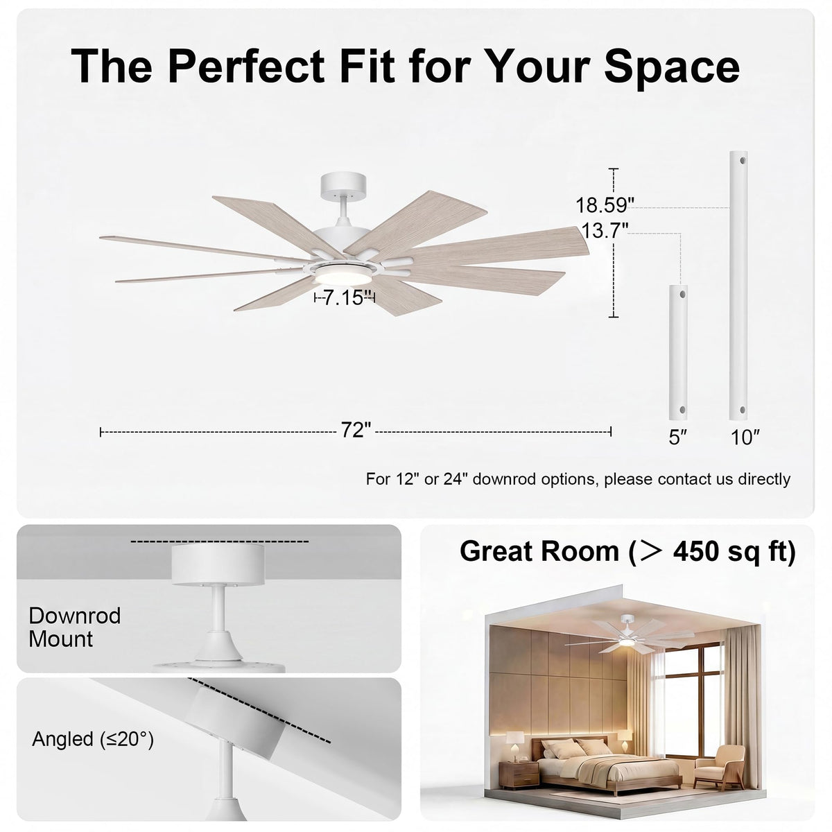 72 Inch Large Ceiling Fan with Lights (White / 72 Inch)