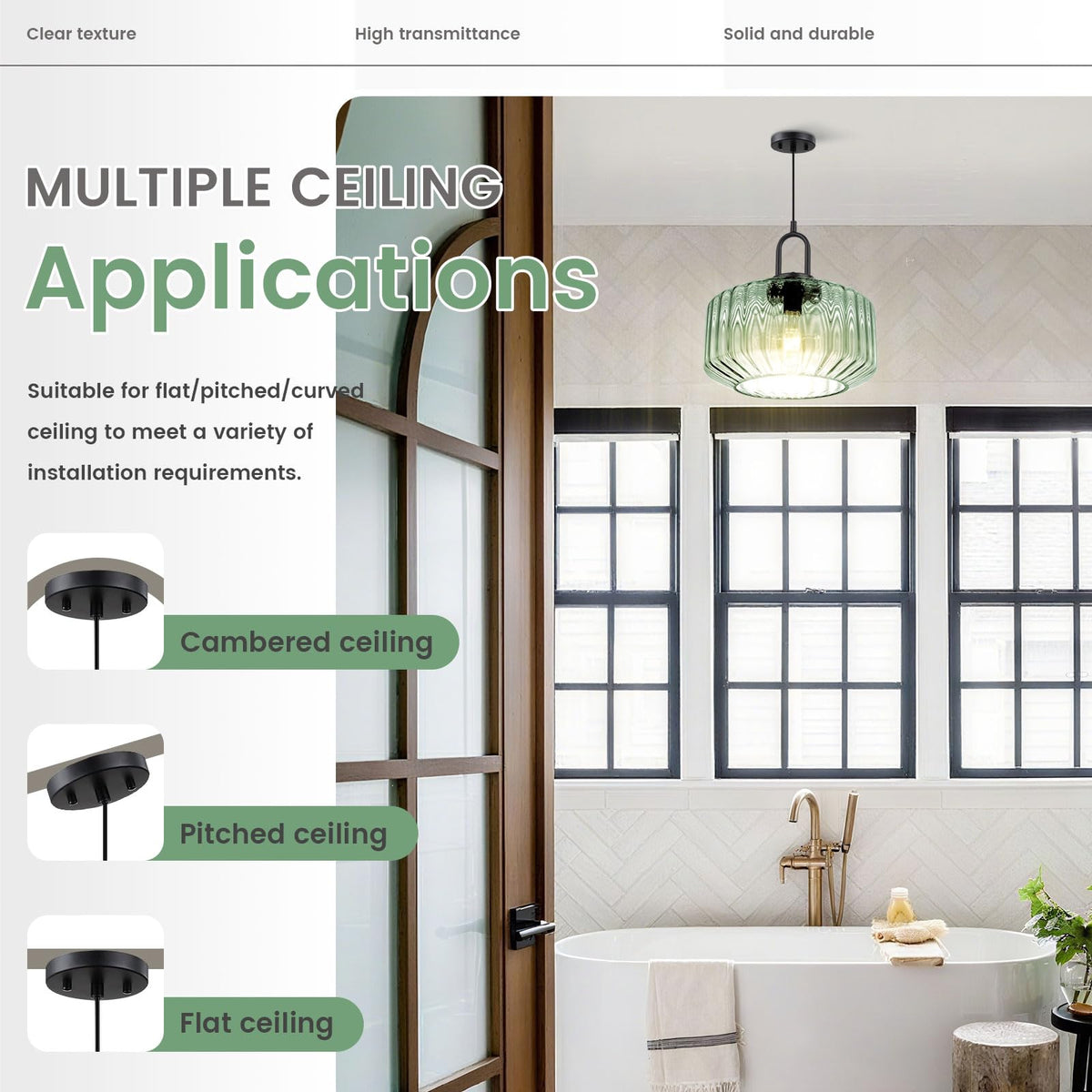 Modern Hanging Lights Light Green Pendant Light Fixtures Mid Century Large Glass Pendant Lights 11" Striped Glass Shade Black Schoolhouse Ceiling Light Fixture Kitchen Hanging Lamp (Light Green)