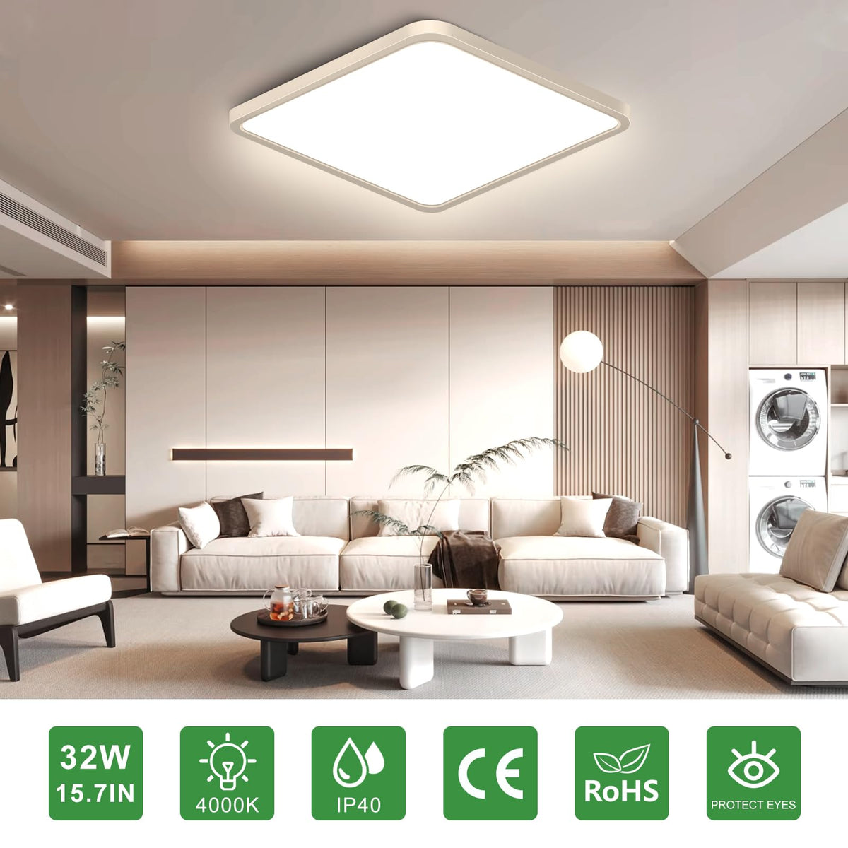 15.7Inch 32W Square LED Ceiling Light Fixtures Flush Mount (Natural White / 15.7 inch White)