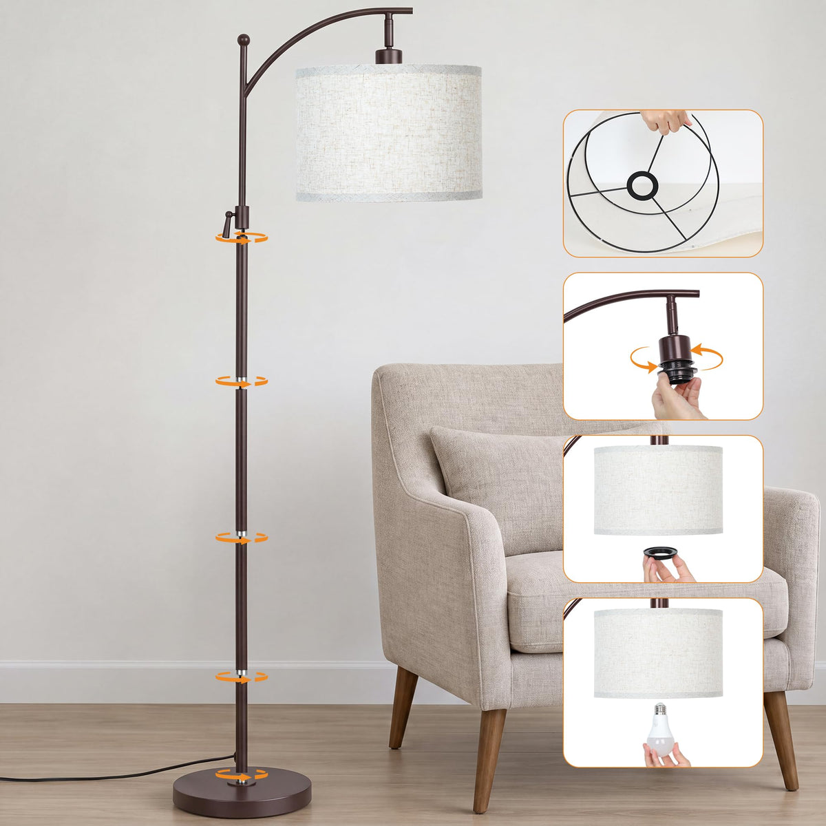 Modern Brown Floor Lamp Adjustable Height 55 (Brown+Beige Shade-Arc)