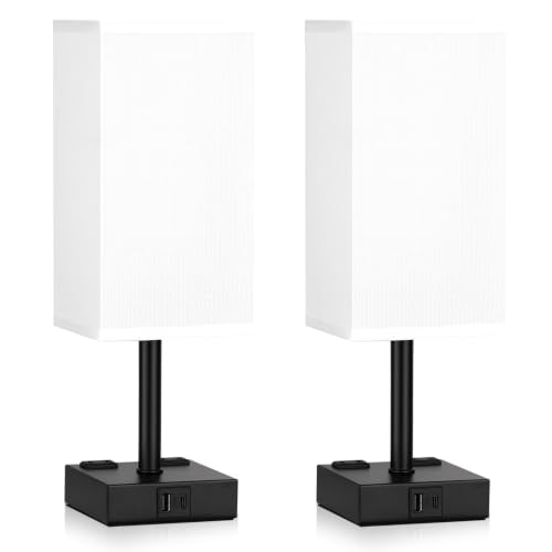 White Touch Lamps Set of 2 for Bedroom (White Shade-Black Base)