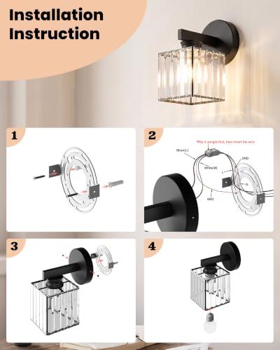 Hardwired Wall Sconces Set of Two with Crystal Lampshade (Black-A)