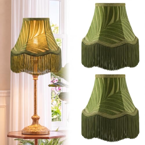 2 Pcs 5 x 10 x 7.5 Inch Green Scalloped Lamp Shades with Fringe Trim Vintage Victorian Bell Lampshades Replacement Fabric Natural Tapered Lampshades Decor for Wall Sconce Pendant Light (Green / 5 x 10 x 7.5 Inch)