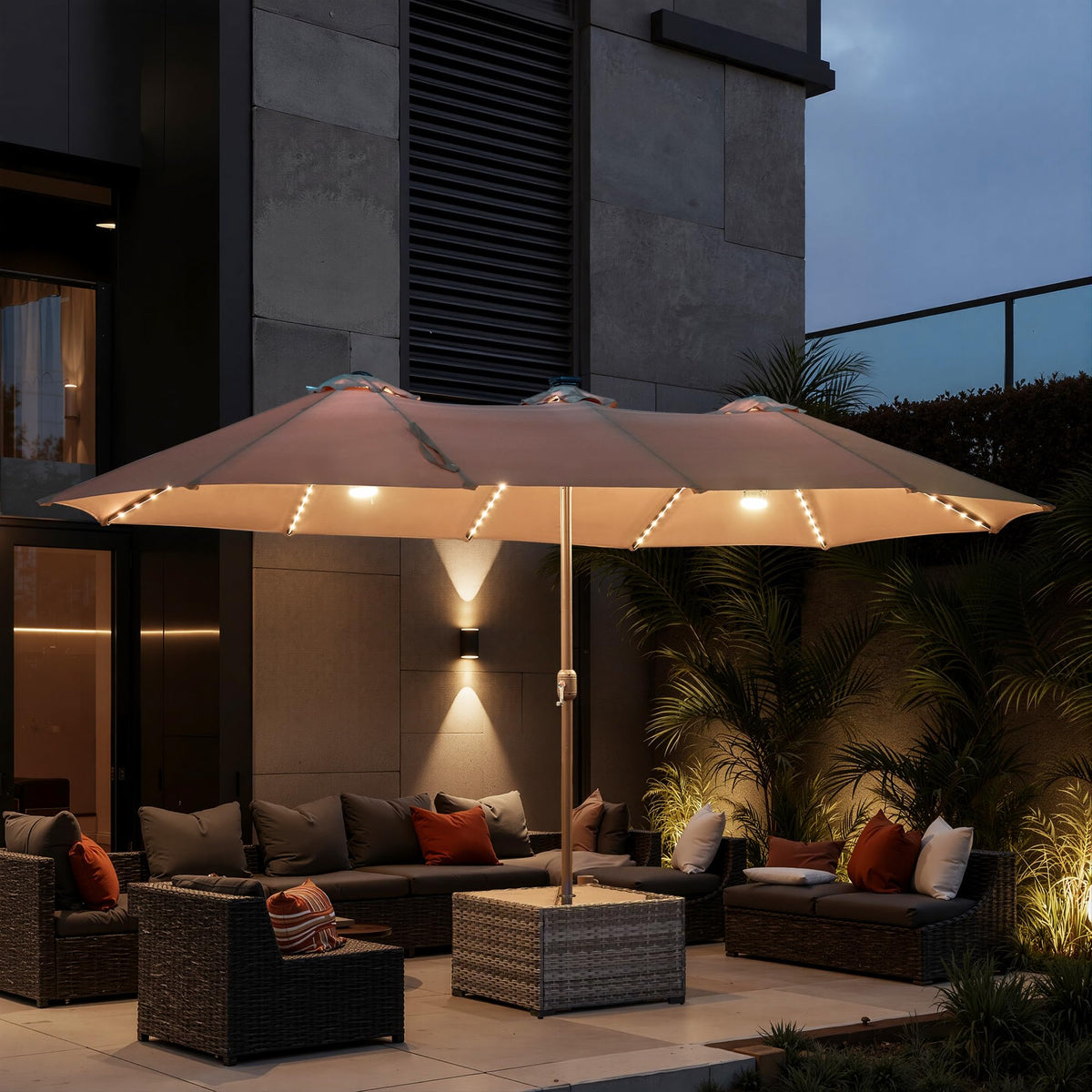 15FT Double Sided Rectangular RGB LED Patio Umbrella with Remote & App Control (Khaki)