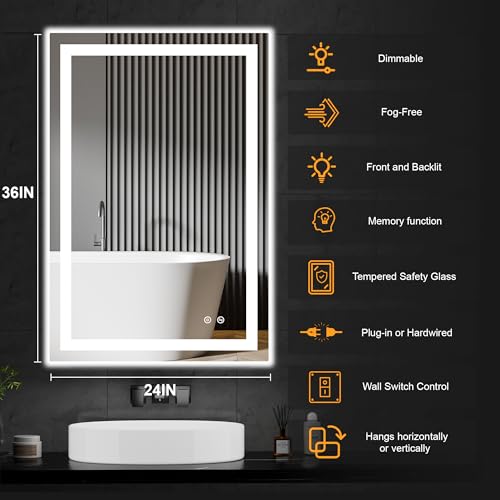 36x24 LED Bathroom Mirror with Lights (Rec Corner-3 Light Modes / 36"L x 24"W)