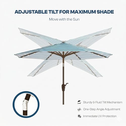 10FT Solar Patio Umbrella with Lights (Blue and Green Stripe / 10 FT)