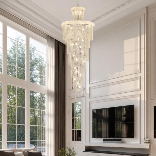 34 Light Extra Large Long Spiral Crystal Chandelier for High Ceiling Foyer Entryway Living Room Staircase Chrome Finish 86'' H X 32'' W X 32'' D (Chrome / 86'' H X 32'' W X 32'' D)