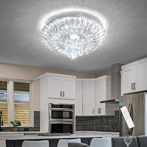 Crystal Chandelier 25W Modern Round Ceiling Light Fixture LED Raindrop Chandeliers Dimmable with Remote for Dining Room Living Room Entryway Hallway Bedroom Silver (Silver / W16")