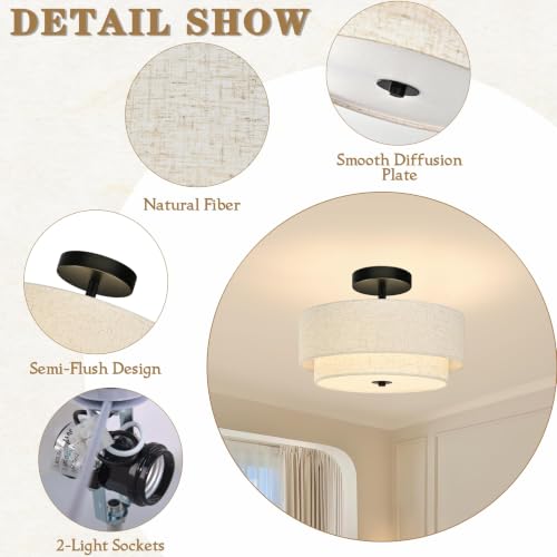 2 Light Semi Flush Mount Ceiling Light Fixture 12.6 Inch Modern Black Drum Ceiling Light Fixture with 2 (Black, 2T / 12.6 Inch)