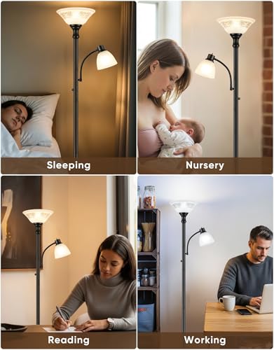 Torchiere Floor Lamp for Living Room with Reading Light (Black)