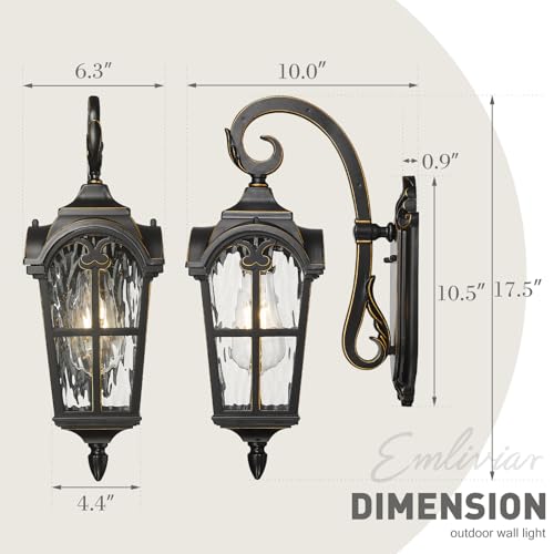 Vintage Outdoor Lighting Fixture Wall Sconces with Water Ripple Glass (Black & Gold Edges - Water Ripple Glass / 17.5 Inch - No Function)
