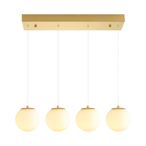 4 Light White Globe Glass Pendant Light Modern Gold Chandelier White Glass Globe Chandelier for Dining Room Kitchen Island Foyer Hallway (Gold-White / Rectangle 4-Light)