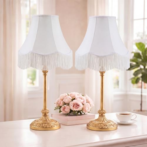 2 Pcs 6 x 13 x 10 Inch Scalloped Lamp Shades with Fringe Trim White Vintage Victorian Bell Lampshades Replacement Fabric Natural Tapered Lampshades Nordic Decor for Wall Sconce Pendant Light (White / 6 x 13 x 10 Inch)