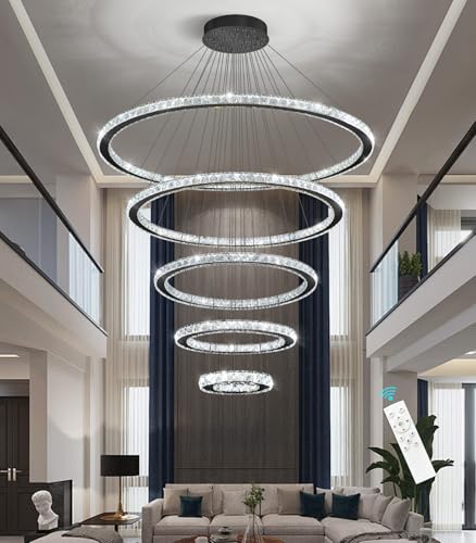 Modern Crystal Chandelier for High Ceiling 5 Rings Dimmable LED Chandeliers Adjustable Lighting Fixtures for Foyer Staircase Living Room Dining Room Black (Black / 5-Ring 40")
