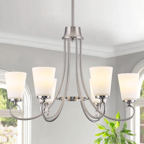Brushed Nickel Farmhouse Chandelier Rustic Dinner Room Chandelier with Frosted Milky White Glass Lampshade Silver Durable Metal Ceiling Hanging Light Fixture for Kitchen Island Living Room Over Table (Brushed nickel -A)