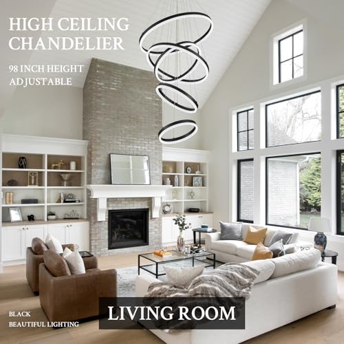 Modern LED Chandelier for Foyer Dimmable Black High Ceiling Chandeliers Foyer with Remote Control for Entryway Dining Room Living Room Staircase (Black / 5 Rings 23.6in)