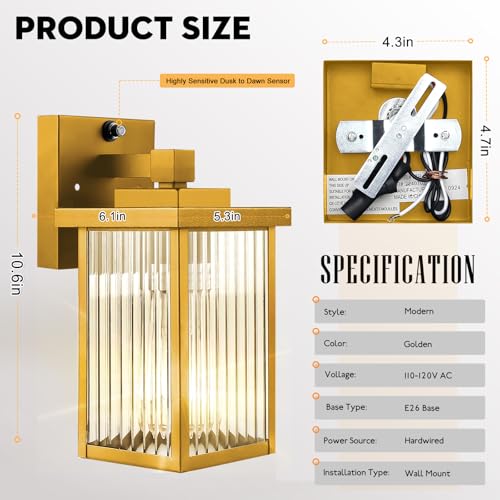 2 Pack Gold Dusk to Dawn Outdoor Wall Light (Gold / 10.6''-2 Pack)