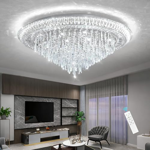Modern LED Crystal Chandelier for Living Room Dimmable Large Ceiling Light Fixture Round Raindrop Chandeliers for Dining Room Entryway Bedroom Foyer Silver (Silver / W40")