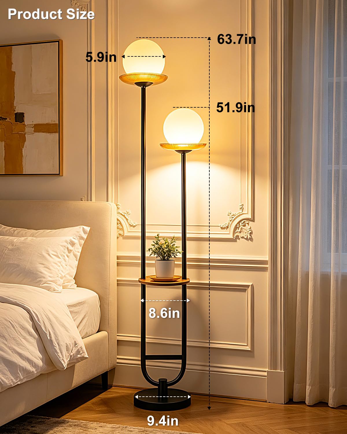 2 Globe Floor Lamp with Amber Glass Tray Black Dimmable Tall Lamp (Brown-2U Black)