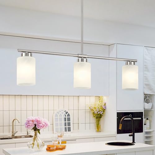 3 Light Kitchen Island Lighting Brushed Nickel Dining Room Light Fixture with Milk Glass Shade 31" Modern Linear Chandelier Adjustable Hanging Pendant Lighting Over Island Dining Table Living Room (Silver / 3-light)