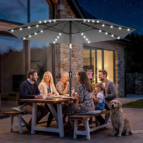 9FT Patio Umbrella with Solar Lights (Gray / 9 FT)