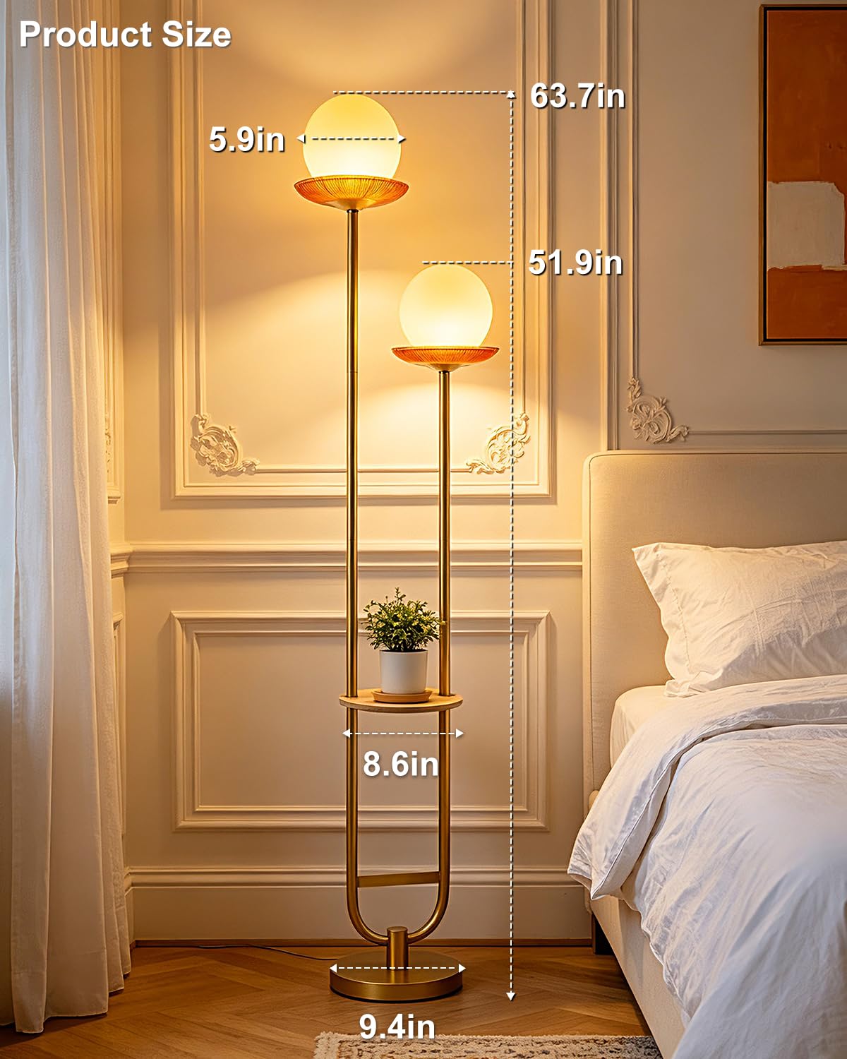 2 Globe Floor Lamp with Red Glass Tray Gold Dimmable Tall Lamp (Red-2U Gold)