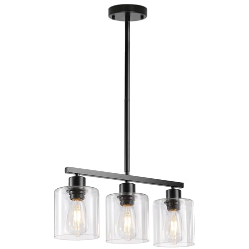 Black 3 Light Kitchen Island Lighting (Black & Clear Glass / 3 Light)