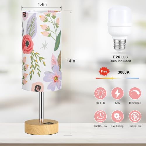Touch Bedside Table Lamp with USB (Floral & Wooden / 14" Touch Control)