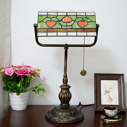 Tiffany Style Heart Bankers Table Lamp Stained Glass Vintage Bedroom Bedside Study Pull Chain Reading Desk Lamps Office Nightstand Aesthetic Antique Green Banker'S Lamp Work Light Desklamp (Red Hearts)