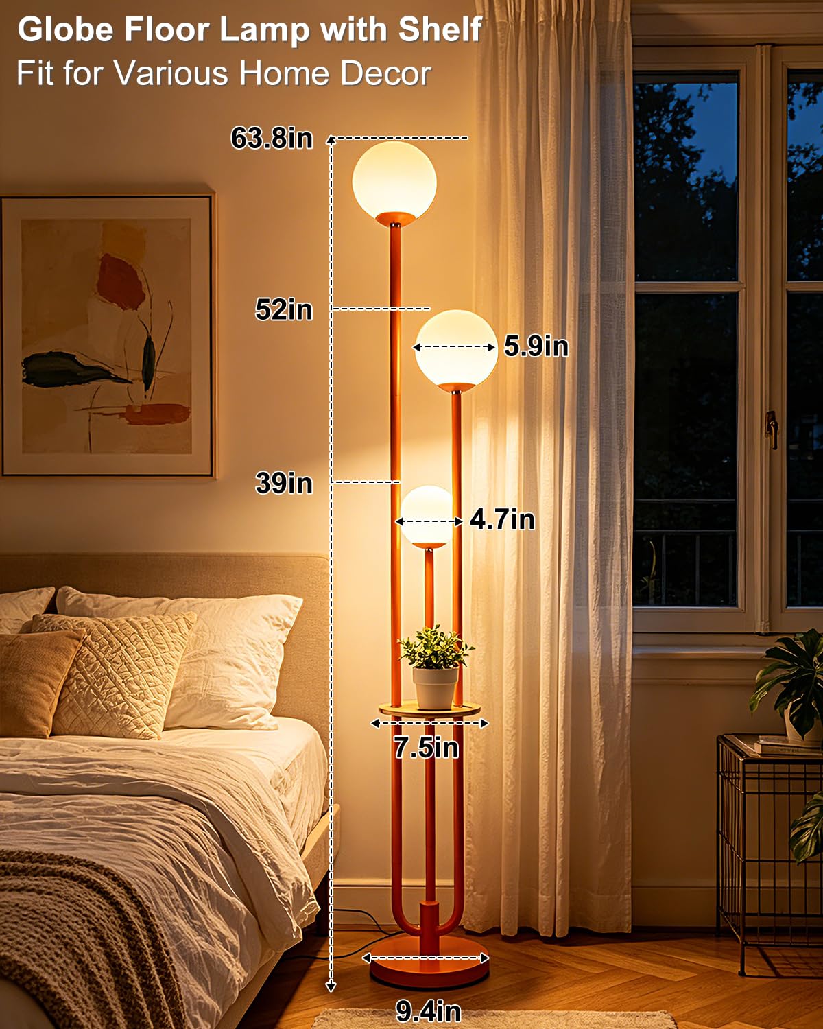 Dimmable 3 Light Globe Floor Lamp with Storage Shelf (Orange-3UE)