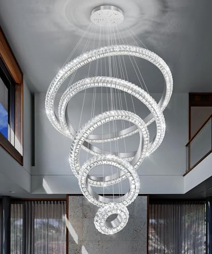 5 Ring Large Crystal Chandelier Modern LED Dimmable High Ceiling Chandelier Ring Contemporary Pendant Light Fixture for Living Room Foyer Staircase Gold D40'' (Silver / 5 Ring Round 40")