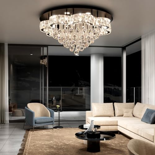 W32in Modern Black Chandeliers Crystal Raindrop Ceiling Lighting Fixture Flush Mount Chandelier for Living Room Hallway Dining Room Kitchen Bedroom (Black / 32inch)
