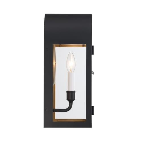 5-410-331 Grotto Modern Clear Glass Outdoor Wall Lantern, 1-Light 60 Watt, 15" H x 8" W, Matte Black with Vintage Gold (15" Height)