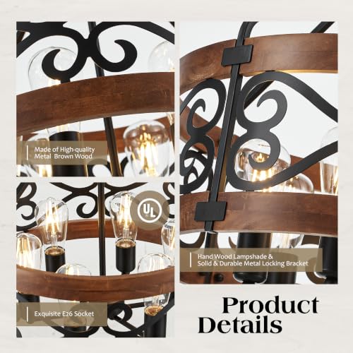 2-in-1 6-Light Farmhouse Drum Pendant Light, 20'' Rustic Ceiling Light with Brown Wood Texture, Adjustable Hanging Height, Industrial Black Metal Chandelier for Dining Room, Kitchen Island, Entryway (20in-6 Light (2 in 1))