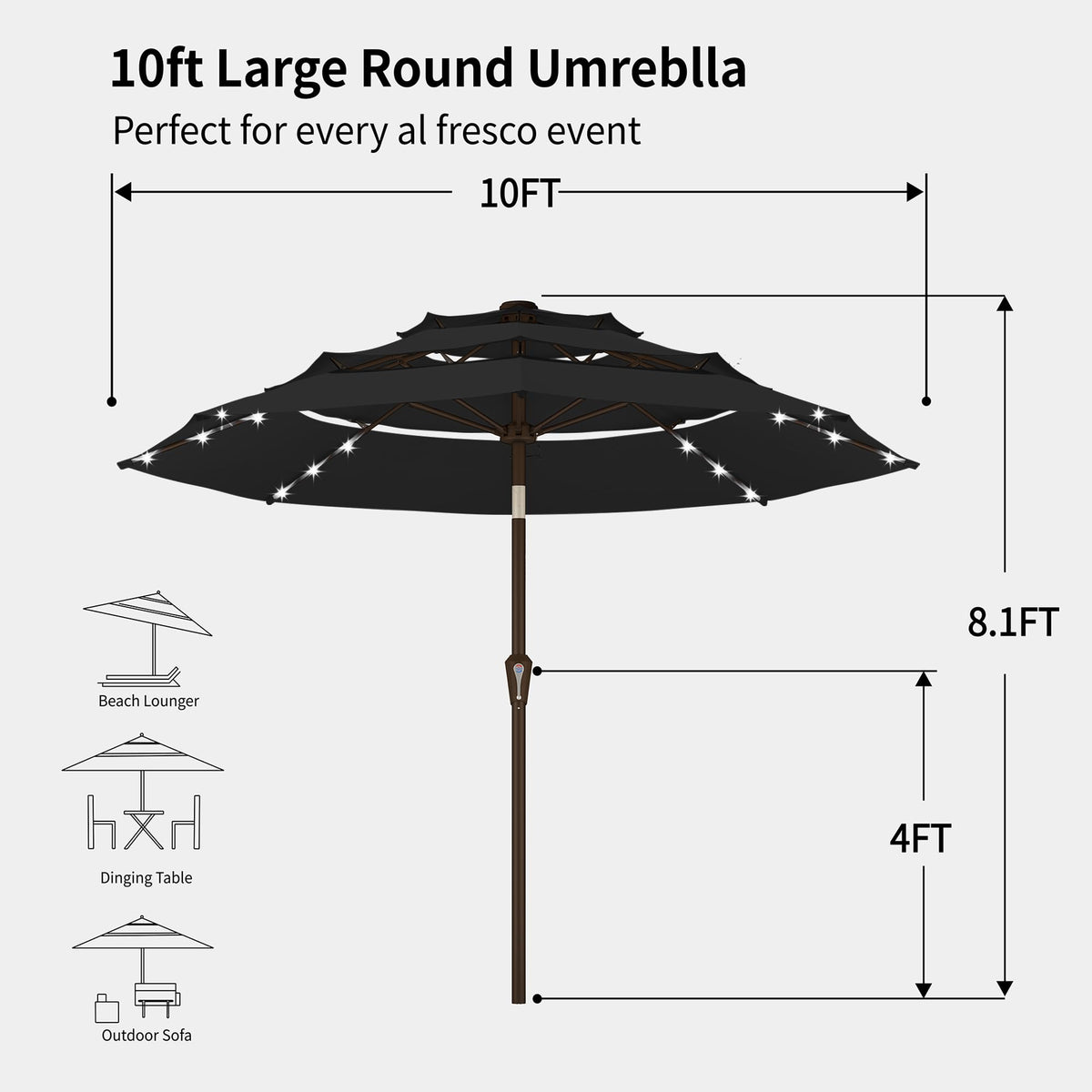 9ft 3 Tier Patio Umbrella with Solar Lights (Black / 9 FT)