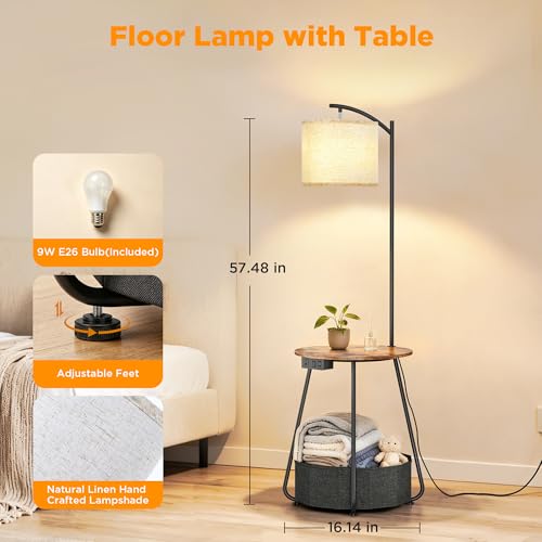 2 Pack Floor Lamp with Table (Rustic Brown-with Charging Station)
