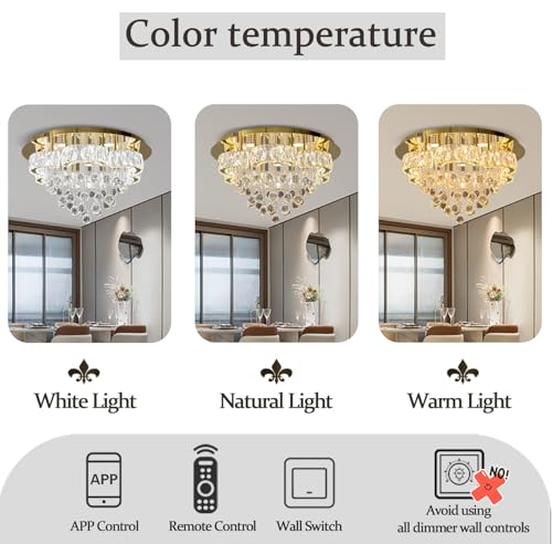 24in Modern Gold Crystal Chandelier for Dining Room Living Room Flush Mount Ceiling Chandeliers for Enrance LED Dimming 2700k 4500k 6000k (Gold / 24inch)