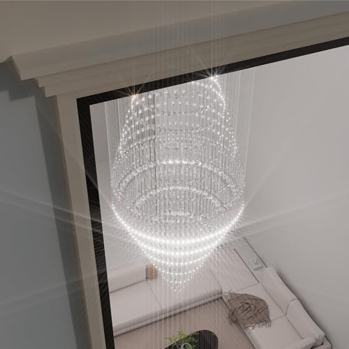 D48''X H120''High Ceiling Chandelier Crystal Raindrop Chandeliers Large Villa Chandelier Entrance Foyer Hight Ceiling Lighting LED Dimmable 2700K (Silver / D48"X H120")