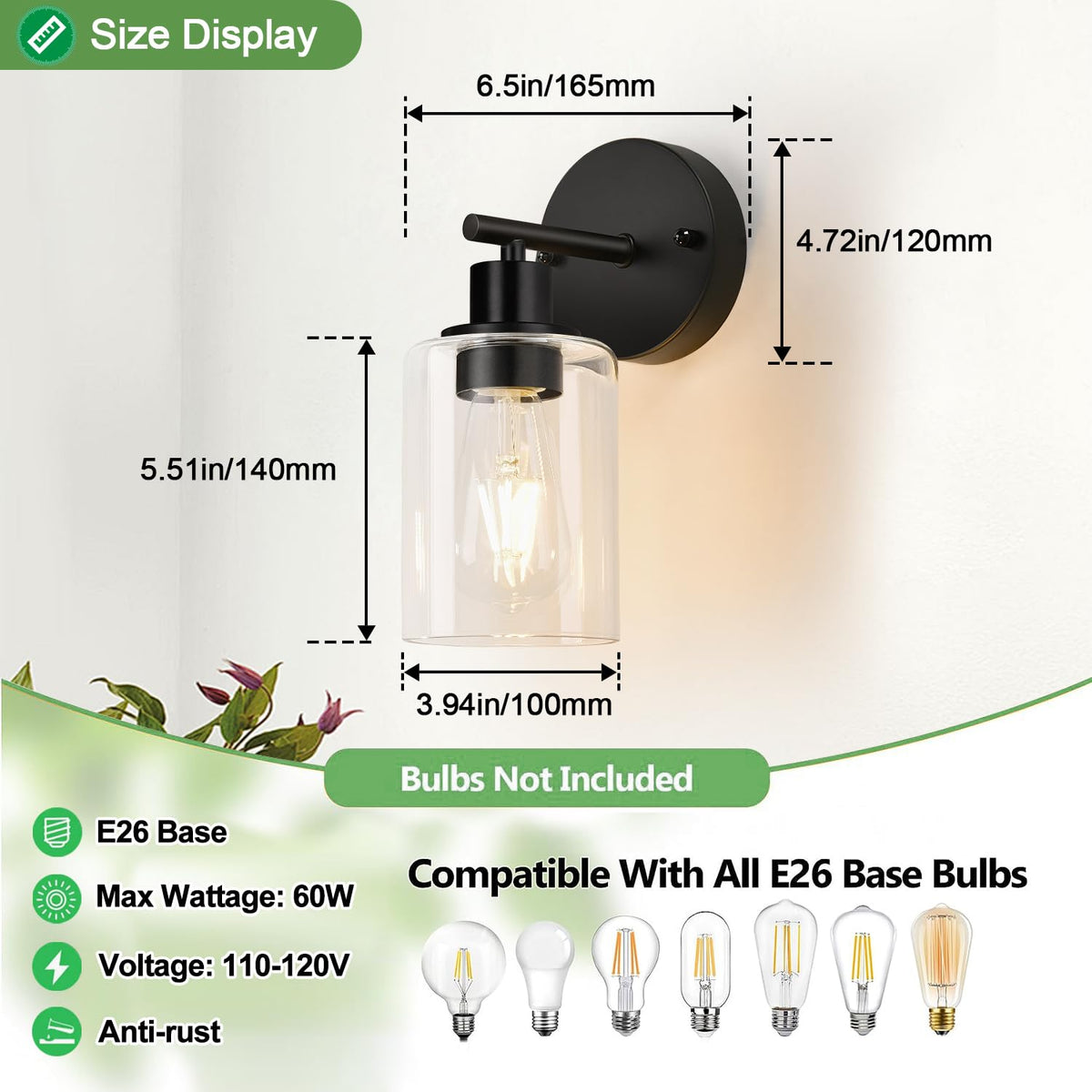 Set of 2 Wall Sconces for Bathroom (Matte Black / 1-light)