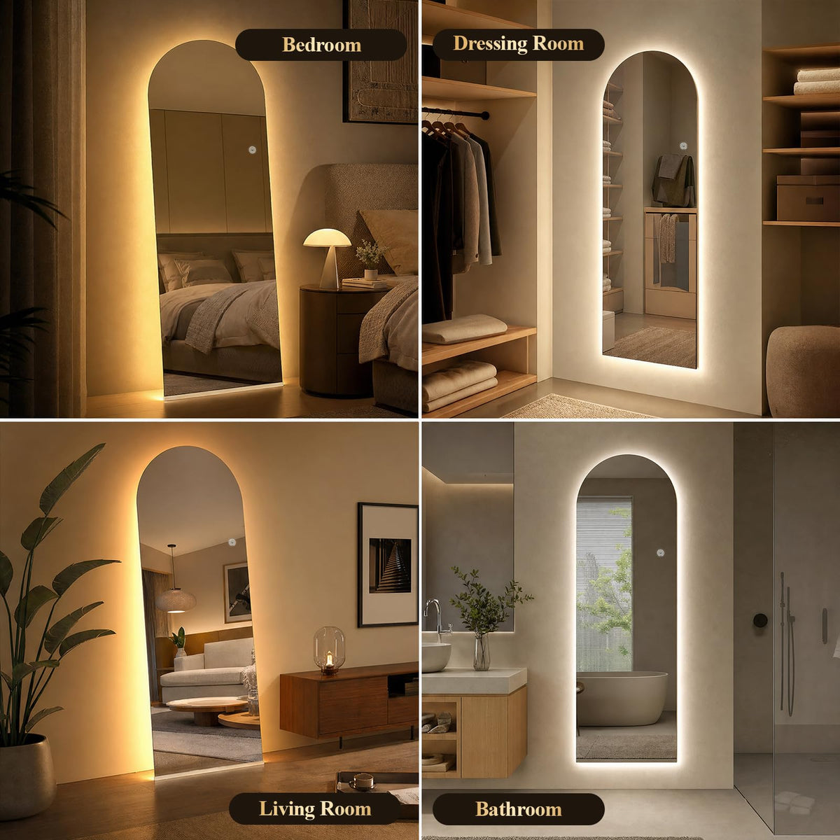 63"x20" Large LED Arched Mirror Full Length with Dimmable Lights (Frameless / 63"L x 20"W)