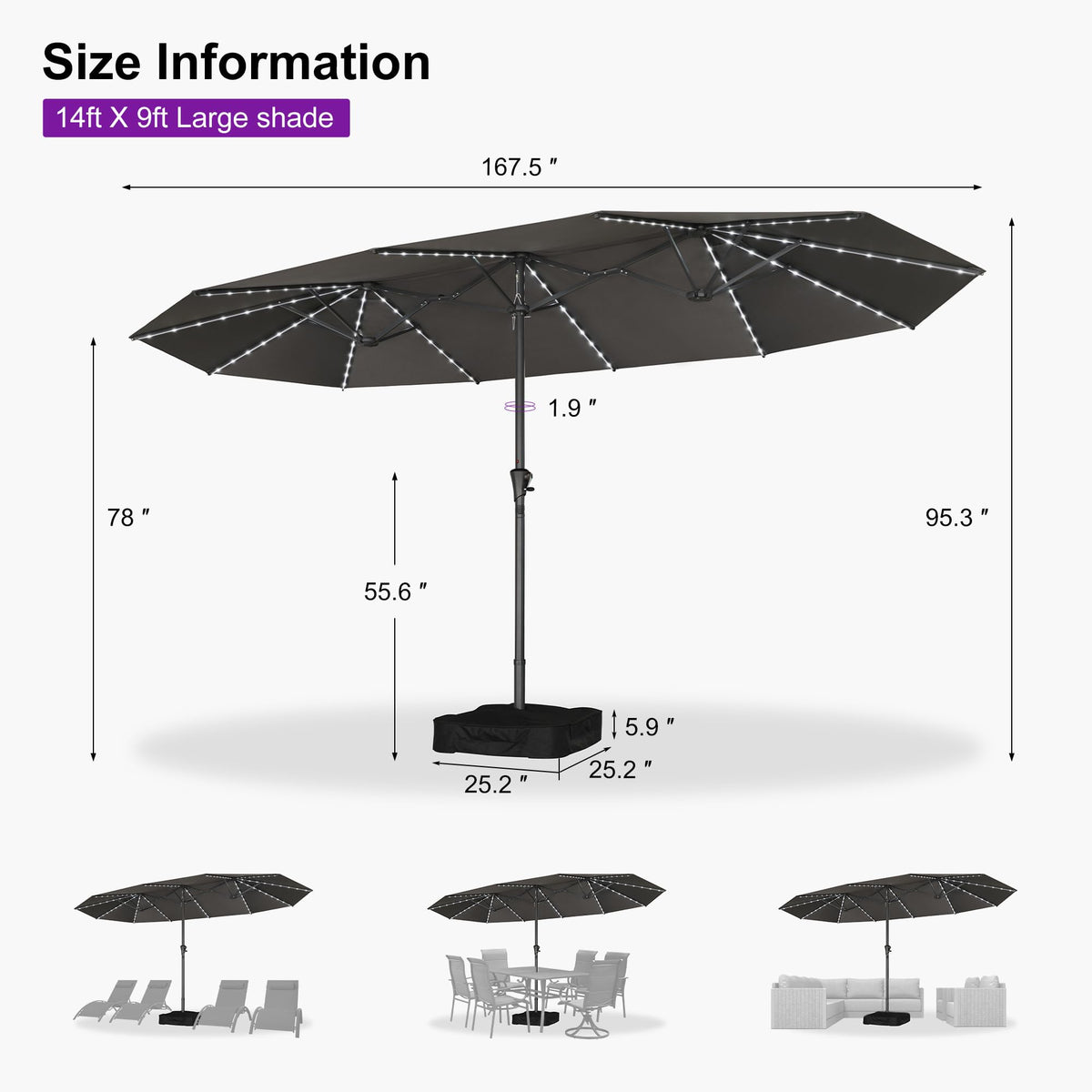 Patio Umbrella 14ft with Base and Solar Lights Outdoor (Grey)