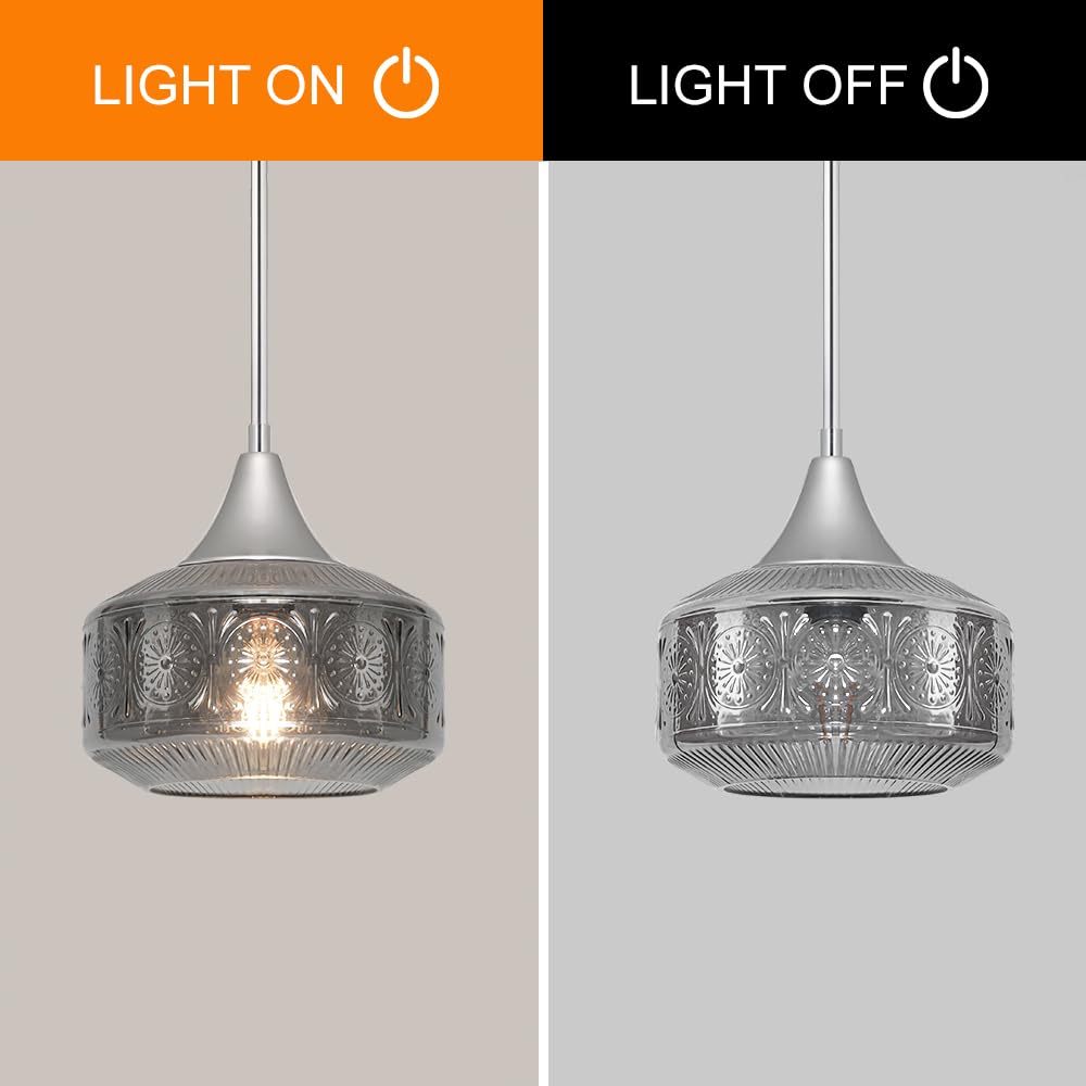 Chrome Pendant Lights Kitchen Island with Smoke Grey Glass over Kitchen (Nickel+Grey Glass / 9.25in)