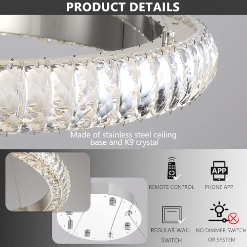 24" Ring Modern LED Dimmable Crystal Chandelier Adjustable Height Pendant Light Round Crystal Chandelier Light Fixtures for Dining Room Living Room Kitchen Island Silver (Silver / 1 Ring Round 24")