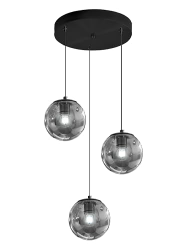 3 Light Black Pendant Light Fixtures Modern Smoke Gray Glass Globe Pendant Lights Kitchen Island Adjustable Hanging Lights Globe Stairwell Lighting Black Chandelier for Dining Room (Smoke Grey / Globe 3-Light)