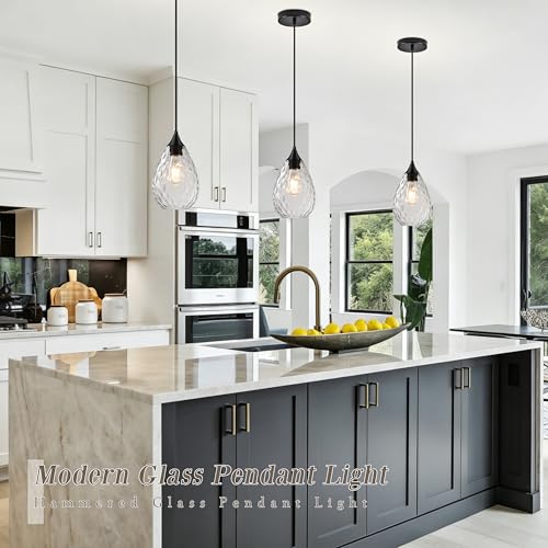 Black Glass Pendant Lights Kitchen Island 6.3" Pendant Light Hammered Clear Glass 3 Pack Height Adjustable Modern Hanging Pendant Lights for Dining Room Bedroom Hallway Sink Bulbs Incl (Black, 3 PK / 6.3 Inch)
