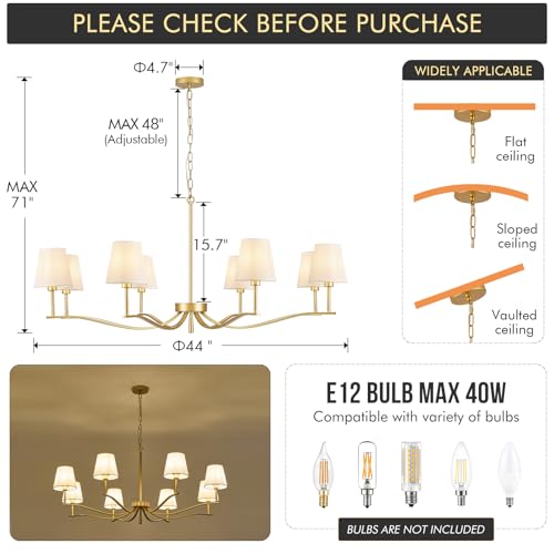 8 Light Brass Gold Chandelier with White Fabric Shade 44'' Linen Dining Room Chandeliers Over Table Kitchen Chandeliers Light Fixture for Living Room Bedroom Entryway Home Office (Gold & Linen / 43.7 inch)