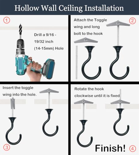 Heavy Duty Ceiling Hooks for Hanging Plants 4 Pack (Black)