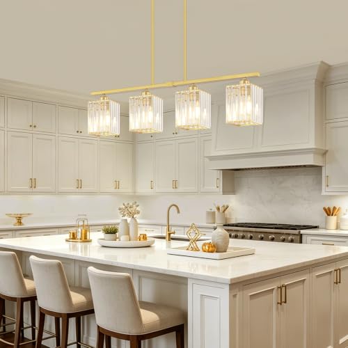 Brushed Gold Linear Chandelier Square Crystal Dining Room Light Fixture (4-Light Brushed Gold)