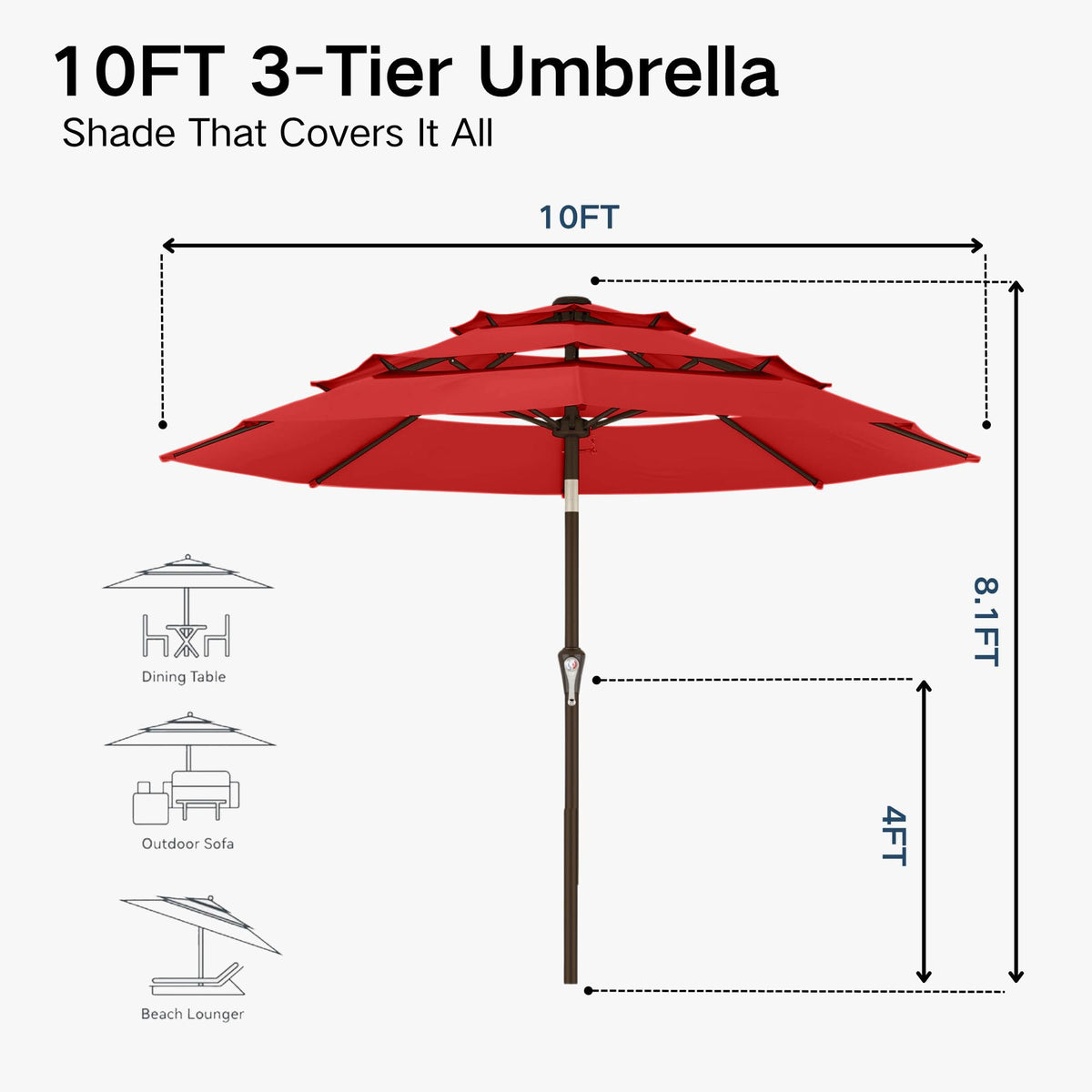 10ft 3 Tier Patio Umbrella (Red / 10 FT)