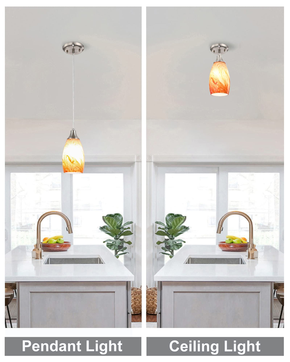 Art Glass Mini Pendant Lights Kitchen Island Marble Glass Pendant Light Shade with Brushed Nickel Finish Ceiling Hanging Lights for Kitchen Over Sink (Red marble -1Pack)